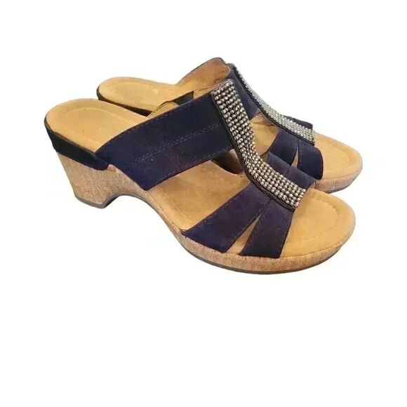easy street Shoes - Easy Street Women's Navy Suede w Rhinestones 2" Cork Wedge Slide Sandals